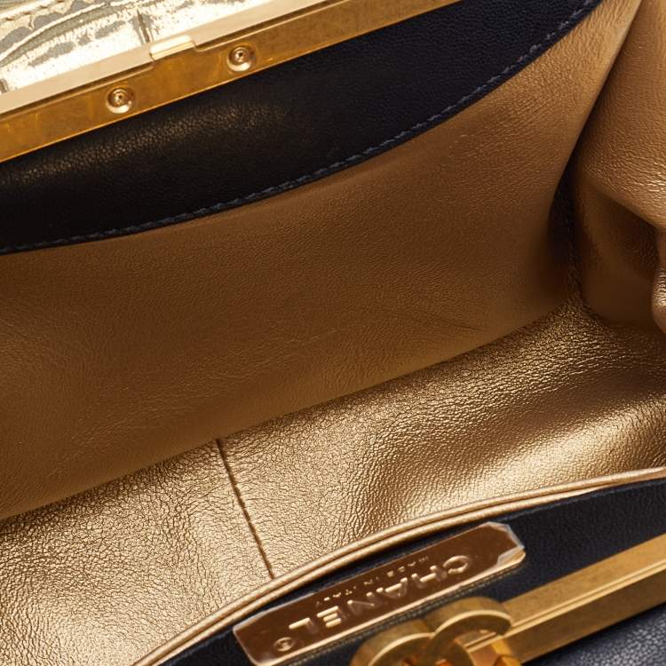 Pre Owned Chanel Black/Metallic Leather and Croc Embossed Small Kiss-lock Bag