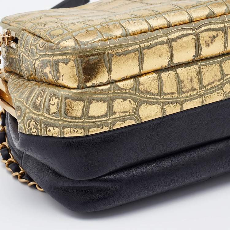 Pre Owned Chanel Black/Metallic Leather and Croc Embossed Small Kiss-lock Bag