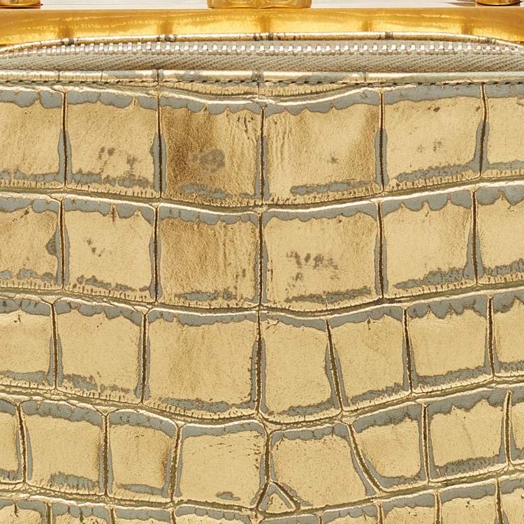 Pre Owned Chanel Black/Metallic Leather and Croc Embossed Small Kiss-lock Bag