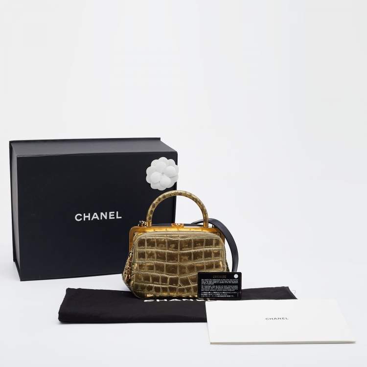 Pre Owned Chanel Black/Metallic Leather and Croc Embossed Small Kiss-lock Bag
