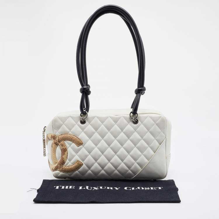 Pre Owned Chanel White Quilted Leather and Python Embossed CC Ligne Cambon Bag