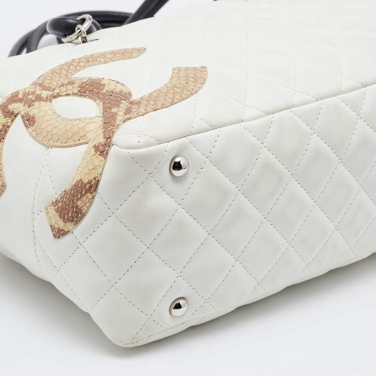 Pre Owned Chanel White Quilted Leather and Python Embossed CC Ligne Cambon Bag