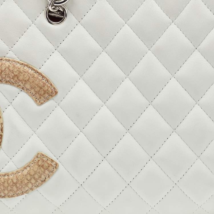 Pre Owned Chanel White Quilted Leather and Python Embossed CC Ligne Cambon Bag