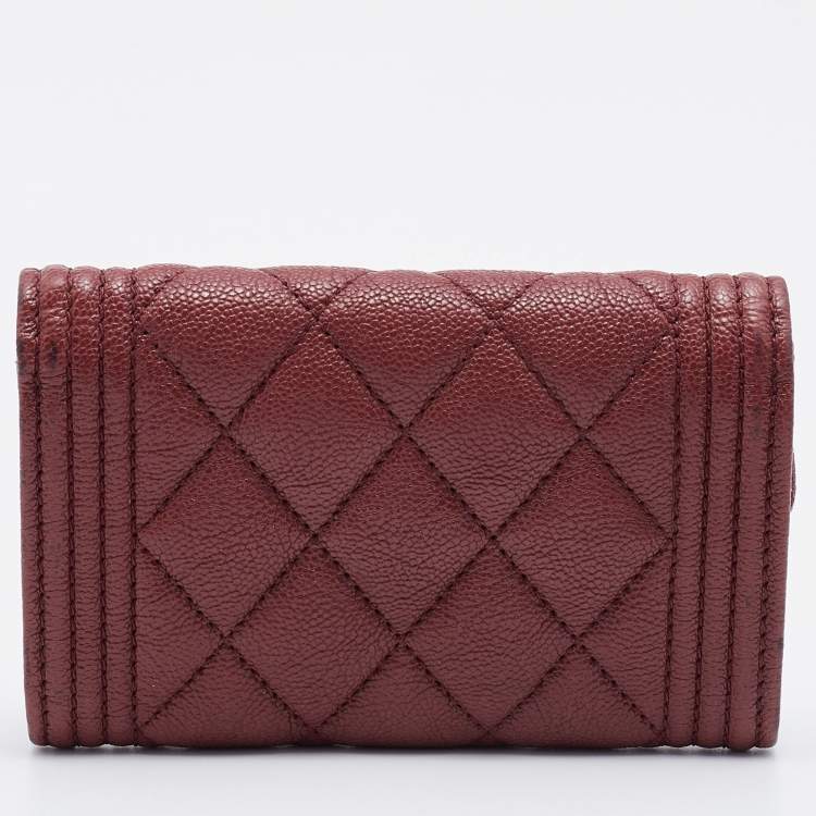Pre Owned Chanel Brown Caviar Quilted Leather Boy Flap Card Holder