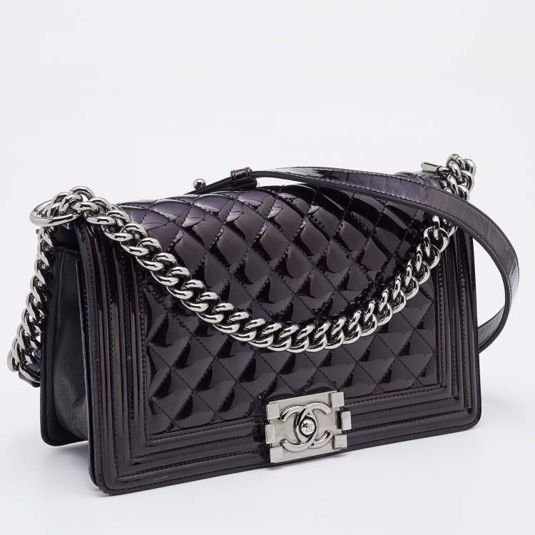 Pre Owned Chanel Deep Purple/Black Patent Leather Medium Boy Flap Bag