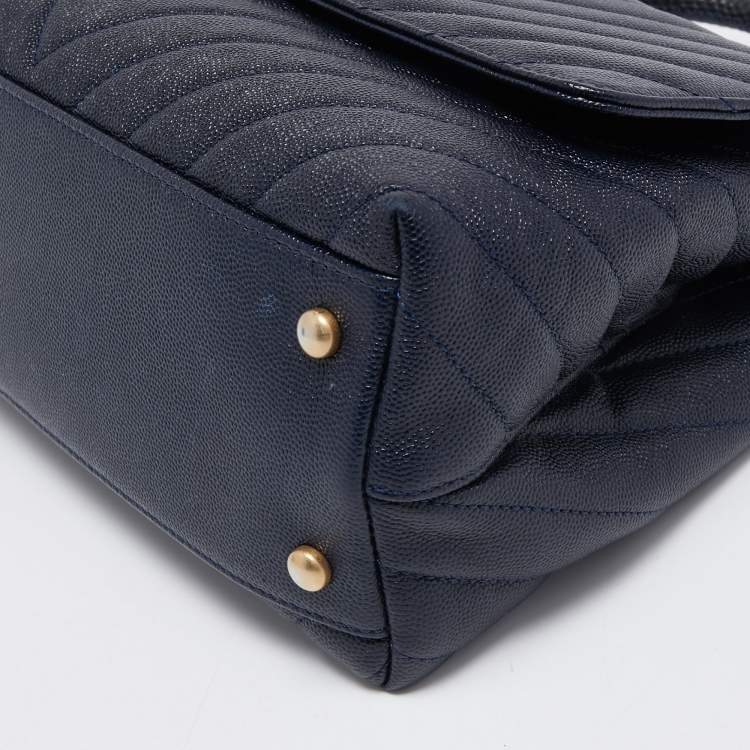 Pre Owned Chanel Blue Quilted Caviar Leather and Lizard Medium Coco Flap Top Handle Bag