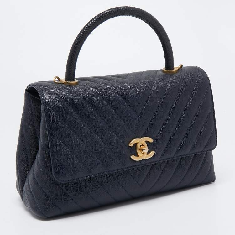 Pre Owned Chanel Blue Quilted Caviar Leather and Lizard Medium Coco Flap Top Handle Bag