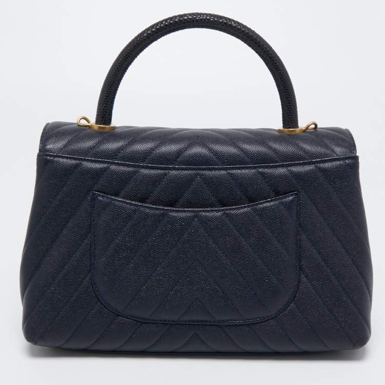 Pre Owned Chanel Blue Quilted Caviar Leather and Lizard Medium Coco Flap Top Handle Bag