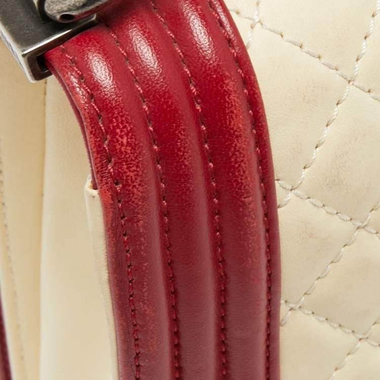 Pre Owned Chanel Cream/Red Quilted Leather Large Boy Flap Bag