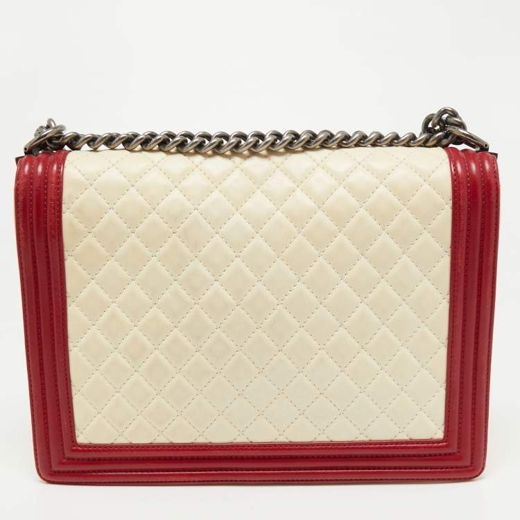 Pre Owned Chanel Cream/Red Quilted Leather Large Boy Flap Bag