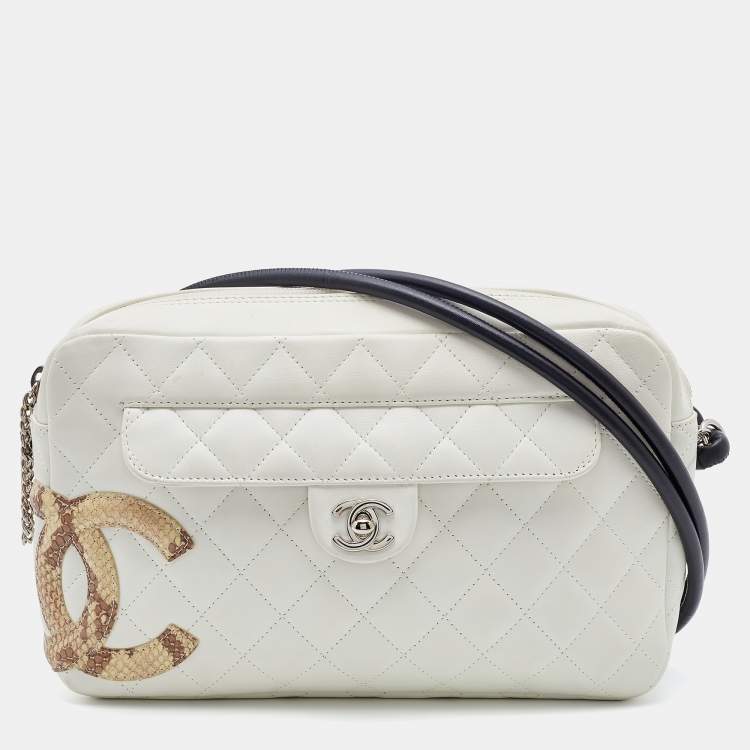 Chanel White/Black Quilted Leather and Python Embossed CC Ligne