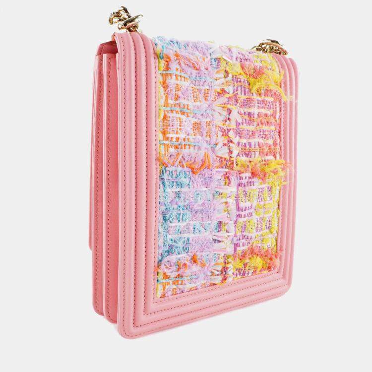 Pre Owned Chanel Pink Tweed Leather North South Boy Shoulder Bag
