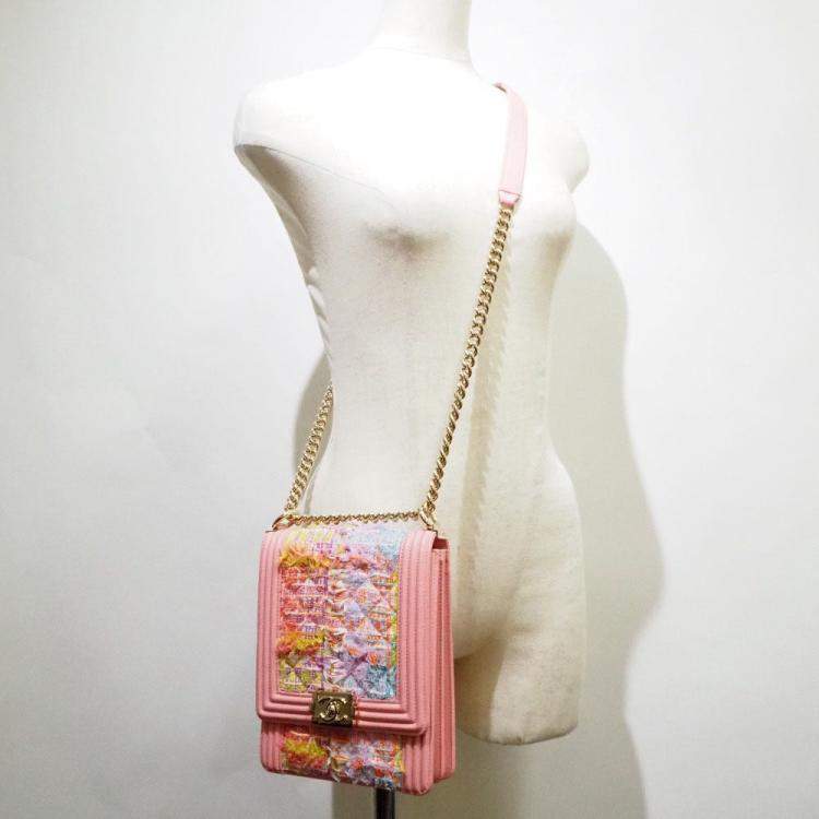 Pre Owned Chanel Pink Tweed Leather North South Boy Shoulder Bag