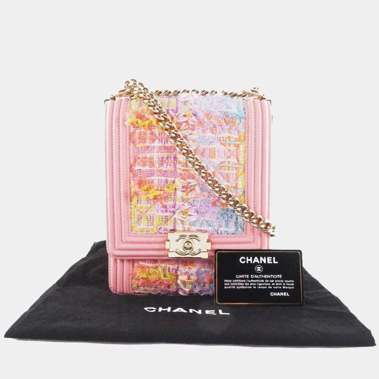 Pre Owned Chanel Pink Tweed Leather North South Boy Shoulder Bag