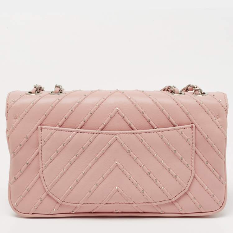 Pre Owned Chanel Pink Chevron Leather CC Studded Flap Bag 