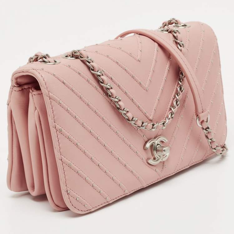 Pre Owned Chanel Pink Chevron Leather CC Studded Flap Bag 