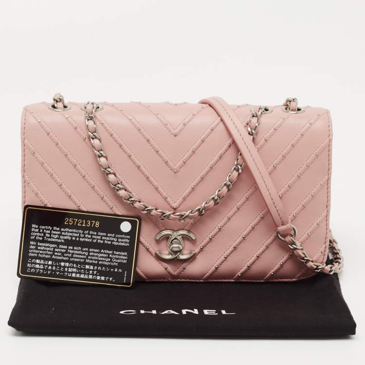 Pre Owned Chanel Pink Chevron Leather CC Studded Flap Bag 