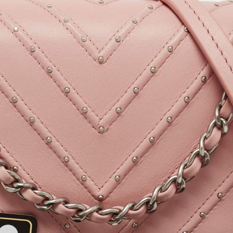 Pre Owned Chanel Pink Chevron Leather CC Studded Flap Bag 