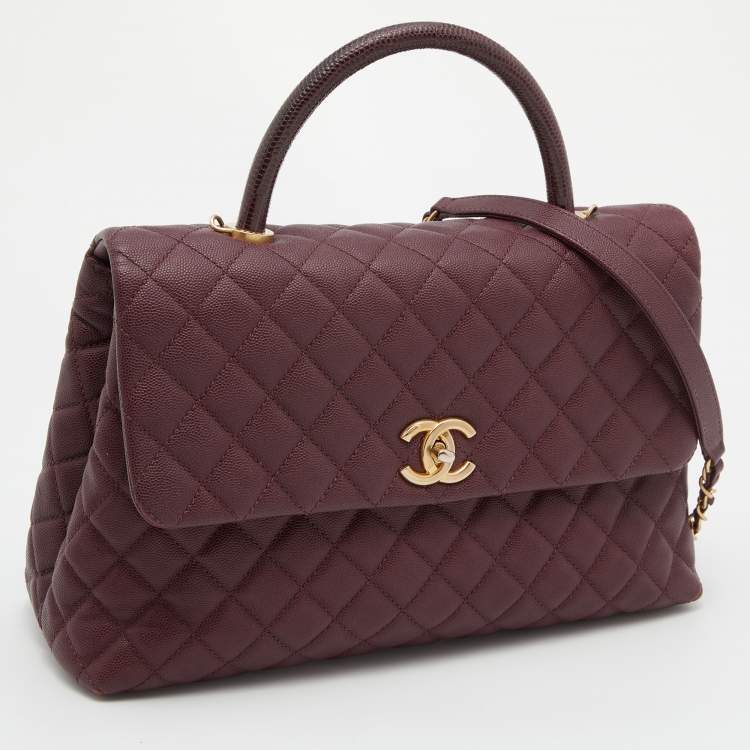 Pre Owned Chanel Burgundy Quilted Caviar Leather and Lizard Coco Flap Top Handle Bag