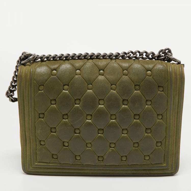 Pre Owned Chanel Olive Green Quilted Suede Large Boy Bag