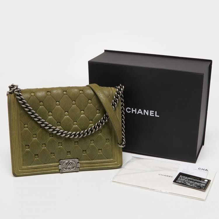 Pre Owned Chanel Olive Green Quilted Suede Large Boy Bag