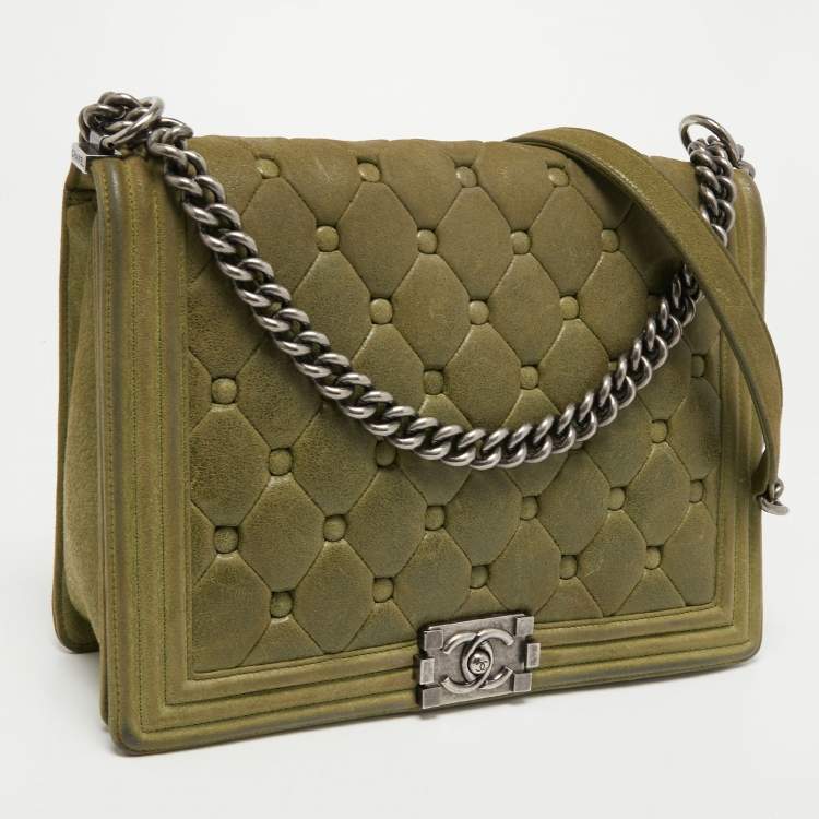 Pre Owned Chanel Olive Green Quilted Suede Large Boy Bag