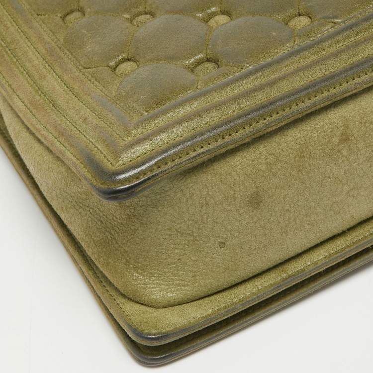 Pre Owned Chanel Olive Green Quilted Suede Large Boy Bag