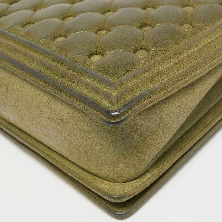 Pre Owned Chanel Olive Green Quilted Suede Large Boy Bag