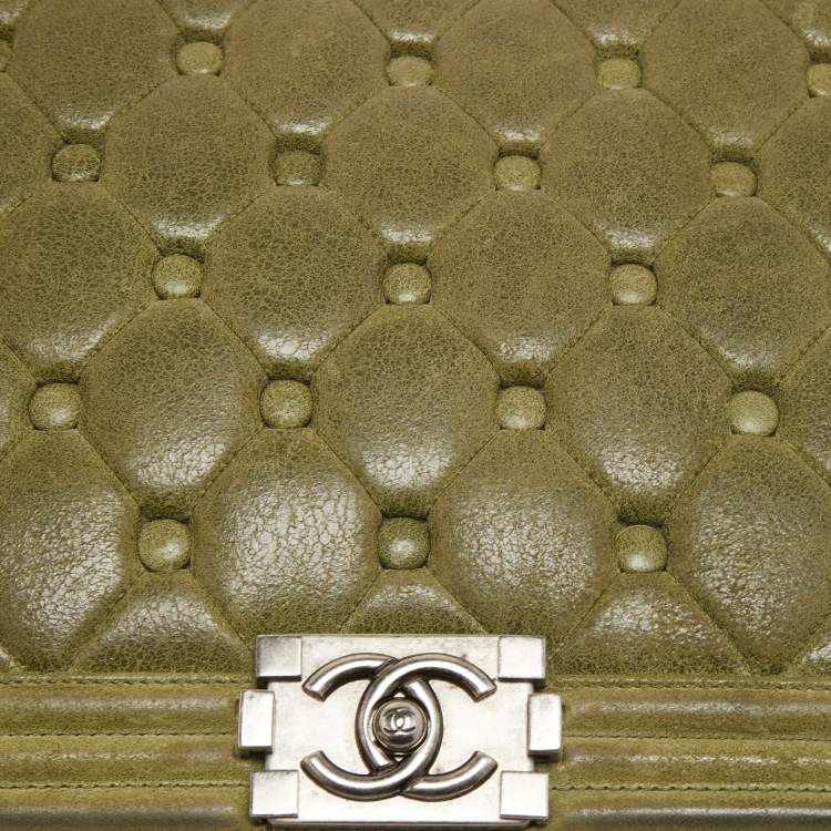 Pre Owned Chanel Olive Green Quilted Suede Large Boy Bag