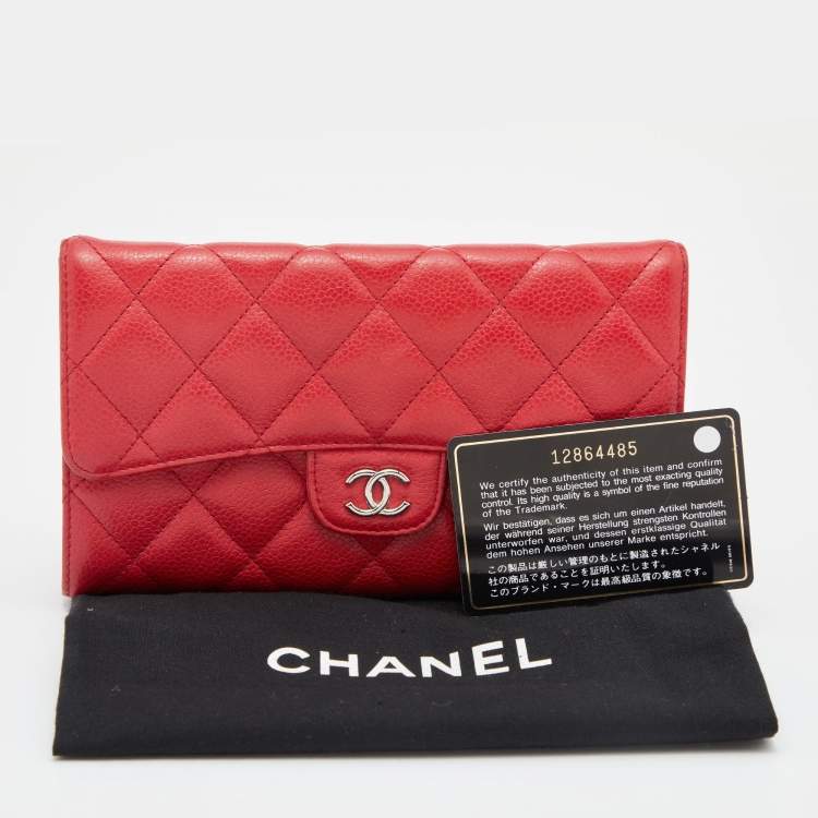 Pre Owned Chanel Red Quilted Caviar Leather Classic Flap Wallet