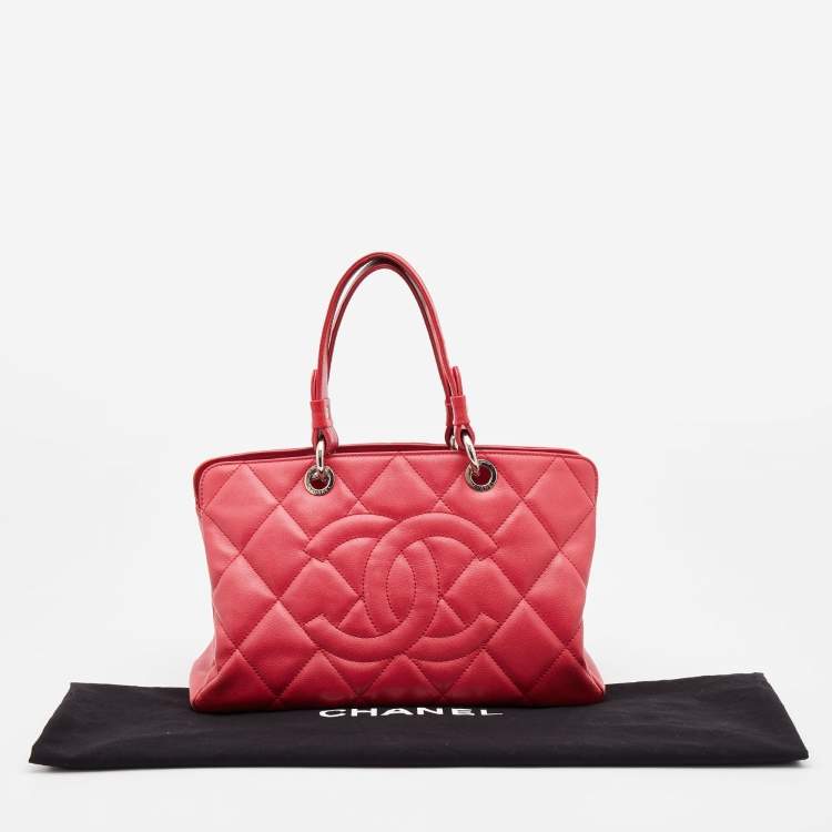 Pre Owned Chanel Red Quilted Caviar Leather CC Timeless Soft Shopper Tote