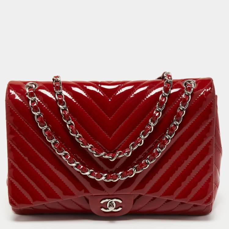 Chanel Chevron Jumbo Rectangular Flap Quilted Leather Shoulder Bag Red (Repainted)