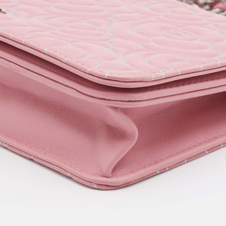 Pre Owned Chanel Pink Leather Embossed Camellia Wallet On Chain