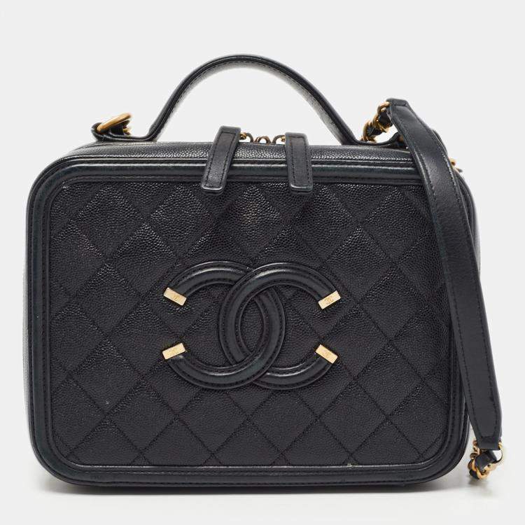 Chanel Black Medium Caviar CC Filigree Vanity Bag White Leather