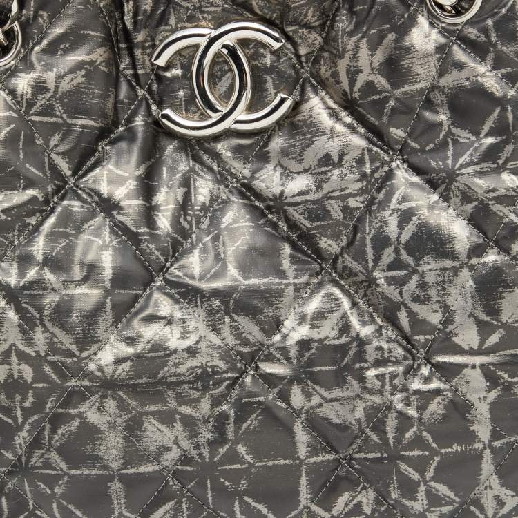 Pre Owned Chanel Metallic Grey Quilted Printed Vinyl Rock in Moscow Hobo