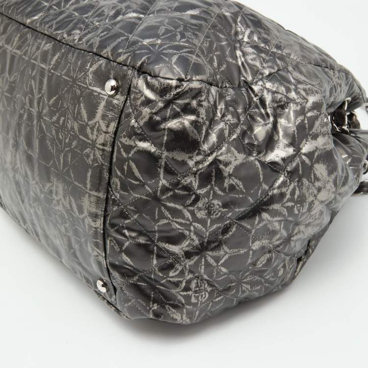 Pre Owned Chanel Metallic Grey Quilted Printed Vinyl Rock in Moscow Hobo