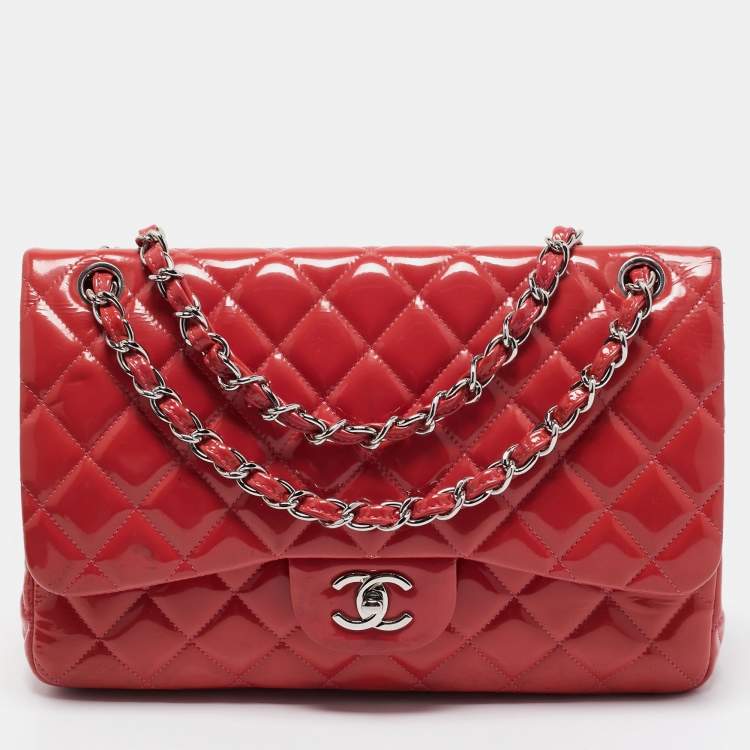 Chanel Orange Quilted Patent Leather Jumbo Classic Double Flap Bag Chanel