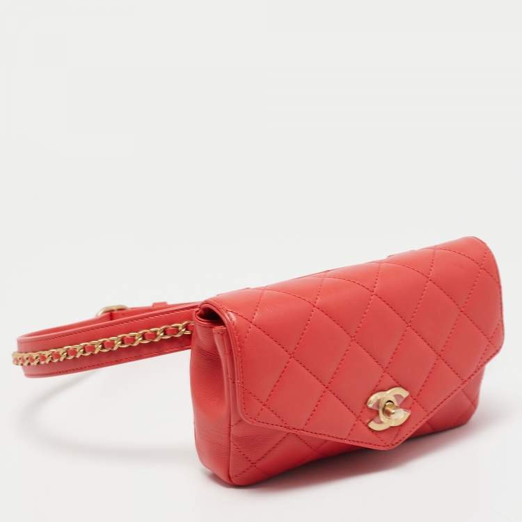 Pre Owned Chanel Orange Quilted Leather Envelope Flap Waist Bag