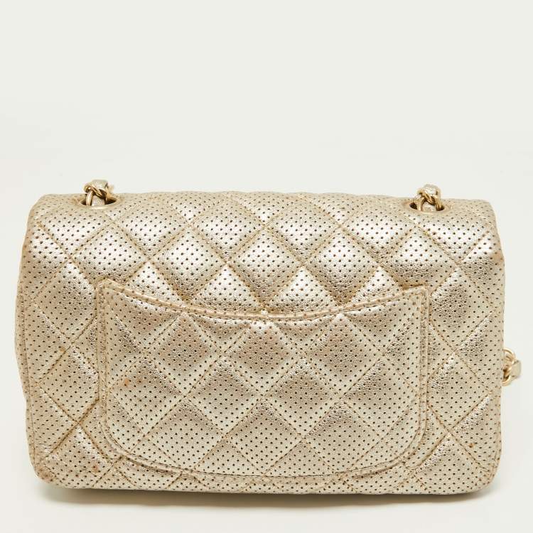 Pre Owned Chanel Gold Quilted Perforated Leather New Mini Classic Flap Bag