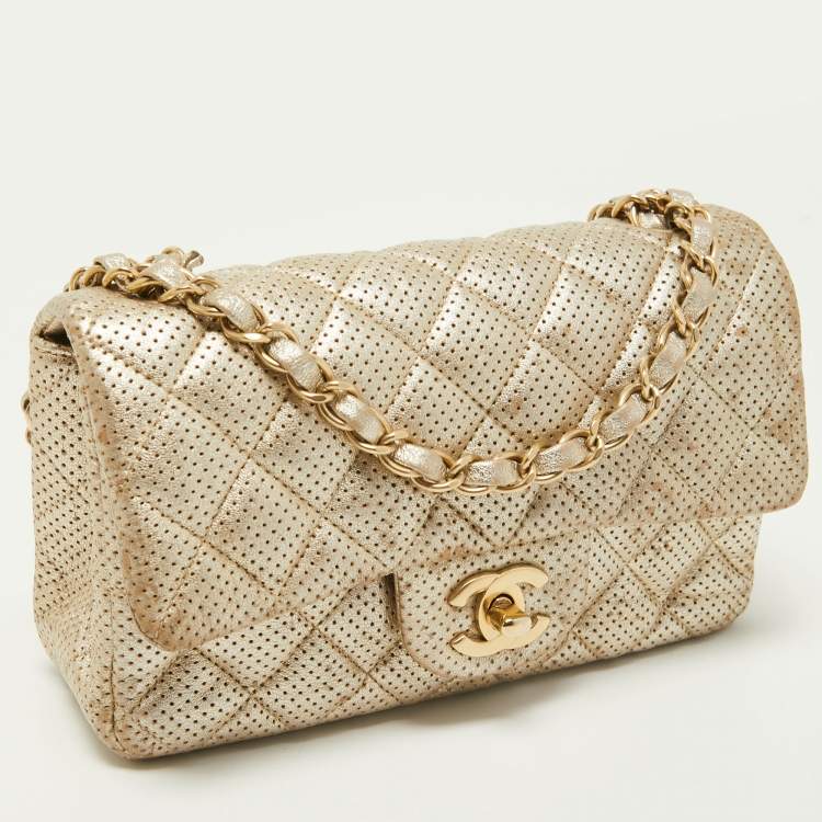 Pre Owned Chanel Gold Quilted Perforated Leather New Mini Classic Flap Bag