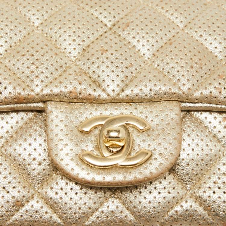 Pre Owned Chanel Gold Quilted Perforated Leather New Mini Classic Flap Bag