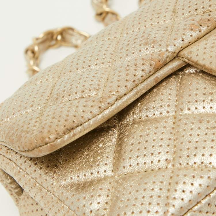 Pre Owned Chanel Gold Quilted Perforated Leather New Mini Classic Flap Bag