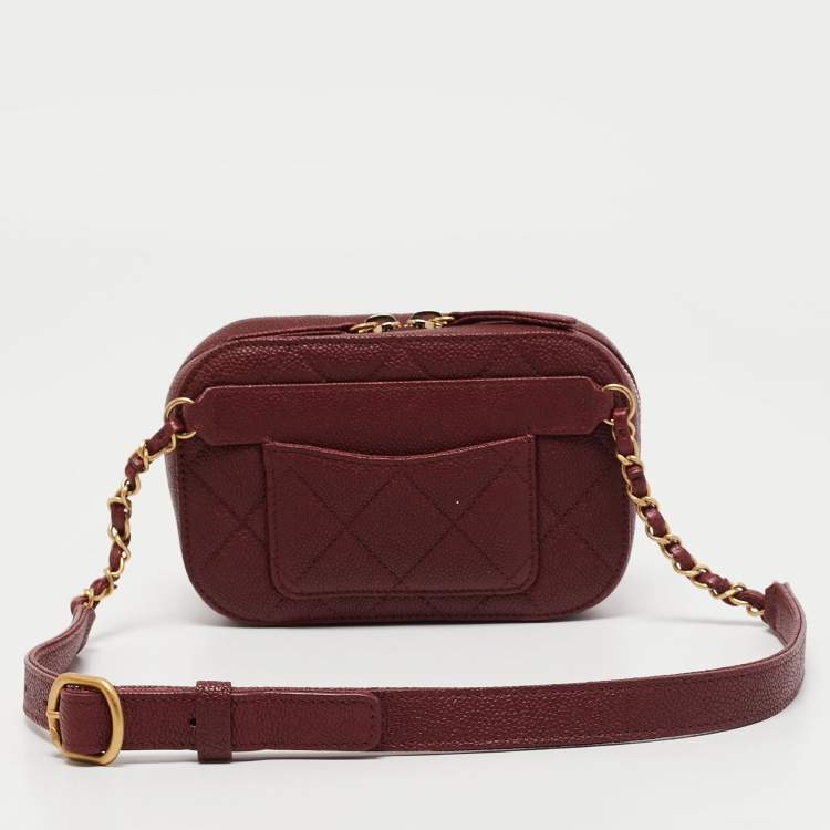 Pre Owned Chanel Burgundy Quilted Caviar Leather Chic Trip Waist Bag