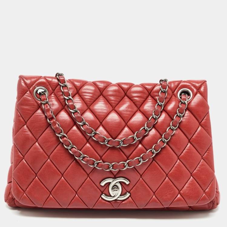 Chanel Red Bubble Quilted Leather Flap Shoulder Bag Chanel