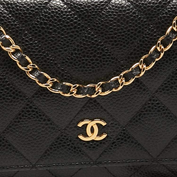 Pre Owned Chanel Black Quilted Caviar Leather Classic Wallet on Chain