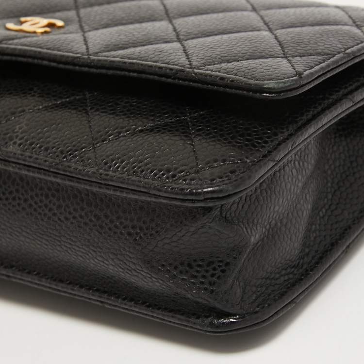 Pre Owned Chanel Black Quilted Caviar Leather Classic Wallet on Chain