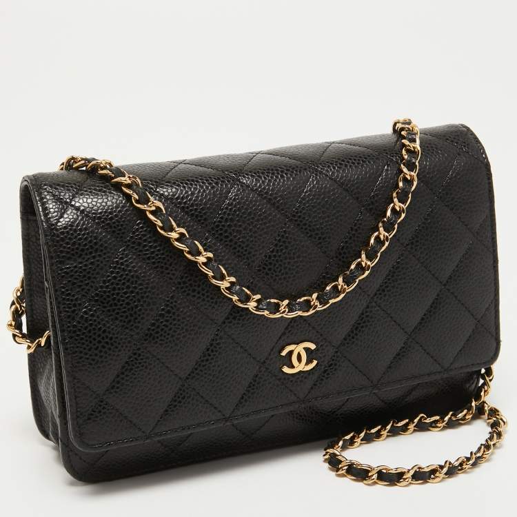Pre Owned Chanel Black Quilted Caviar Leather Classic Wallet on Chain