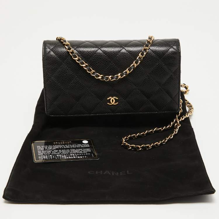 Pre Owned Chanel Black Quilted Caviar Leather Classic Wallet on Chain
