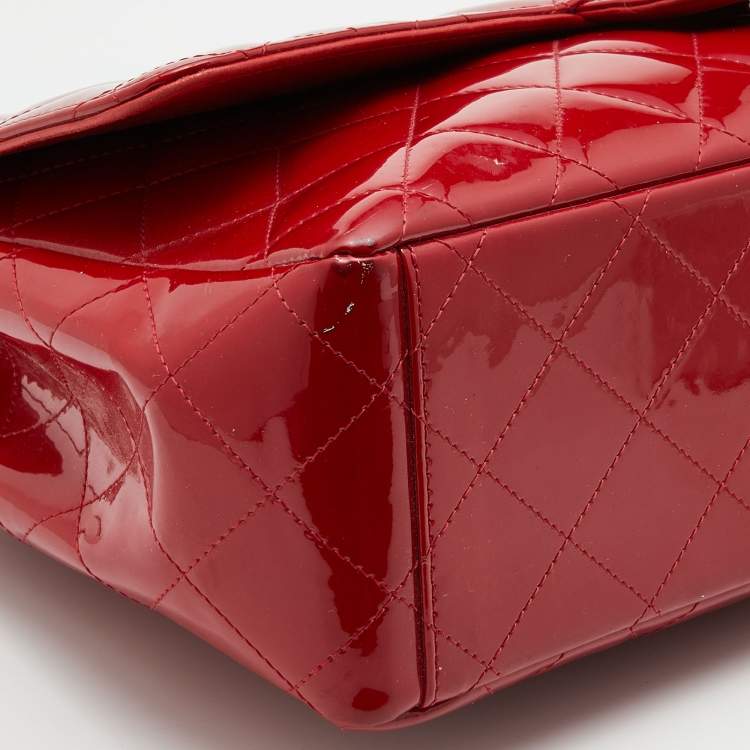 Pre Owned Chanel Red Quilted Patent Leather Maxi Classic Single Flap Bag