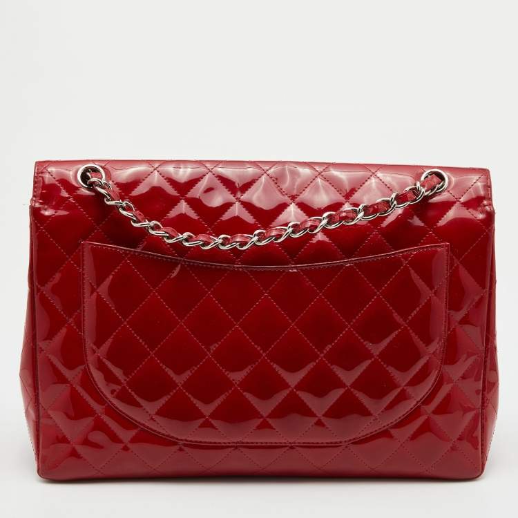 Pre Owned Chanel Red Quilted Patent Leather Maxi Classic Single Flap Bag